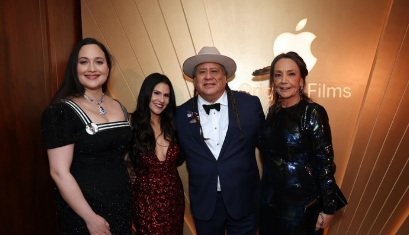 Dr. Proudfit with Lily Gladstone, Yancey Red Corn, and Tantoo Cardinal, celebrating the film, Killers Of The Flower Moon.